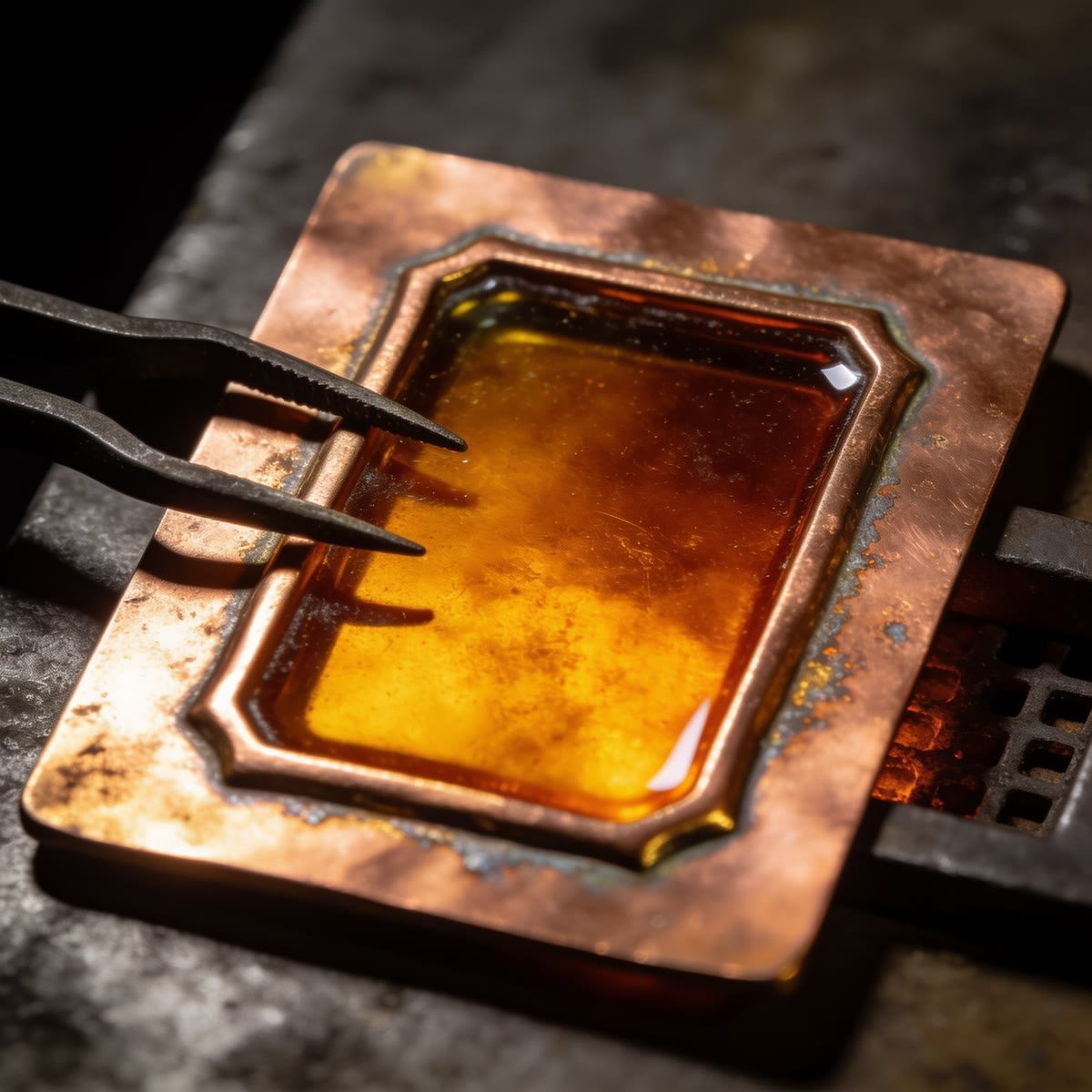 Esmalte vítreo queimado sobre chapa de cobre