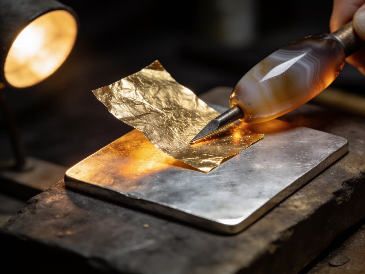 Folha de ouro aplicada sobre prata aquecida